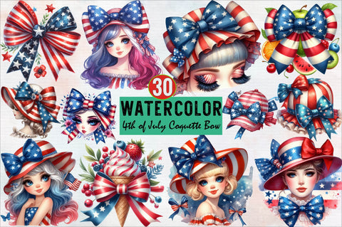 Watercolor 4th of July Coquette Bow Sublimation Clipart Bundle Sublimation SVGArt 