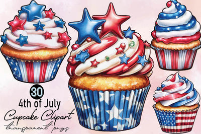 Watercolor 4th of July Cupcake Clipart Bundle. Sublimation SVGArt 
