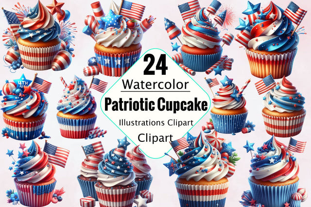 Watercolor 4th of July Cupcake Clipart Sublimation SVGArt 