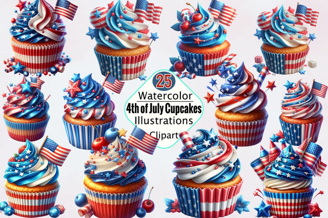 Watercolor 4th of July Cupcakes Sublimation Clipart Bundle Sublimation SVGArt 