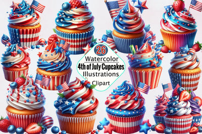 Watercolor 4th of July Cupcakes Sublimation Clipart Bundle Sublimation SVGArt 
