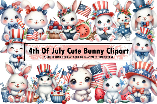 Watercolor 4th Of July Cute Bunny Clipart Sublimation designartist 