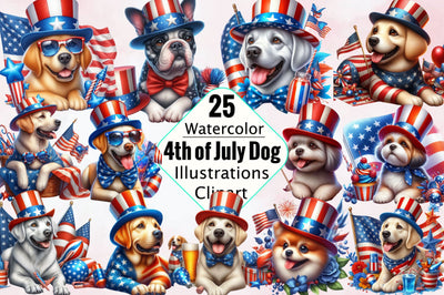 Watercolor 4th of July Dog Clipart Bundle Sublimation SVGArt 