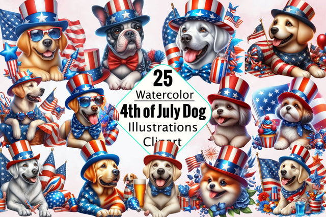 Watercolor 4th of July Dog Clipart Bundle Sublimation SVGArt 