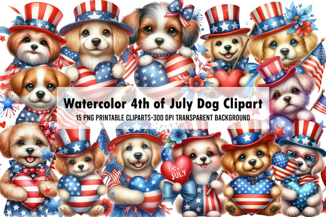 Watercolor 4th of July Dog Clipart Sublimation Rupkotha 