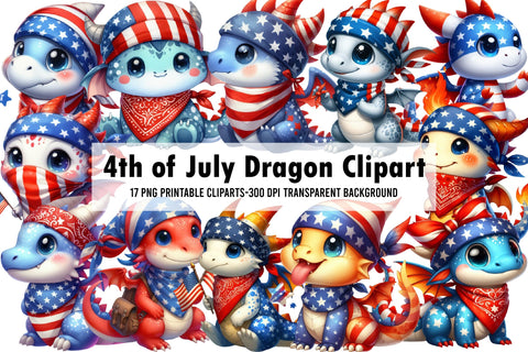 Watercolor 4th of July Dragon Clipart Sublimation Rupkotha 