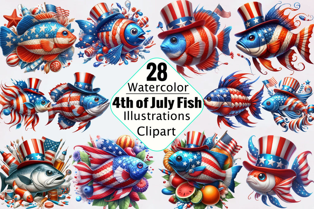 Watercolor 4th of July Fish Sublimation Clipart Bundle - So Fontsy