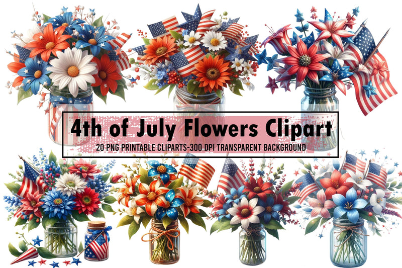 Watercolor 4th of July Flowers Clipart Sublimation designartist 
