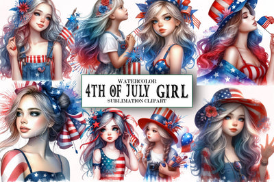 Watercolor 4th of July Girl Clipart Sublimation SVGista 