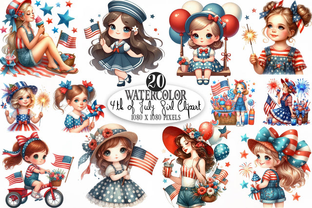 Watercolor 4th of July Girl Clipart Sublimation SVGista 