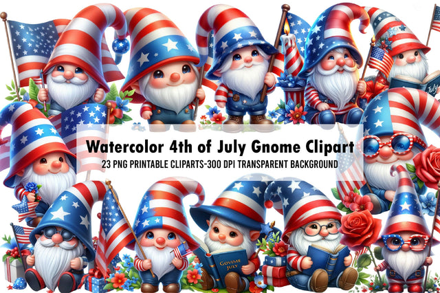 Watercolor 4th of July Gnome Clipart Sublimation Rupkotha 