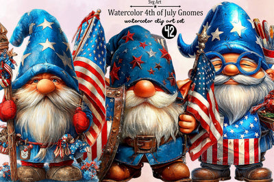 Watercolor 4th Of July Gnomes Clipart Bundle. Sublimation SVGArt 