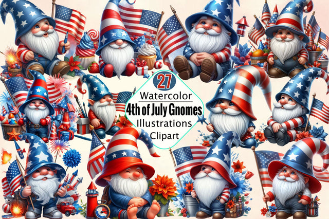 Watercolor 4th of July Gnomes Clipart Sublimation SVGArt 