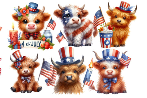 Watercolor 4th of July Highland Cow Clipart Sublimation designartist 