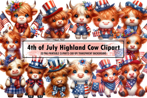 Watercolor 4th of July Highland Cow Clipart Sublimation designartist 