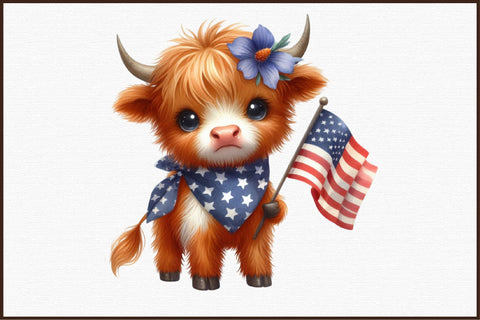 Watercolor 4th of July Highland Cow Clipart Sublimation designartist 
