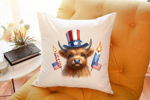 Watercolor 4th of July Highland Cow Clipart Sublimation designartist 