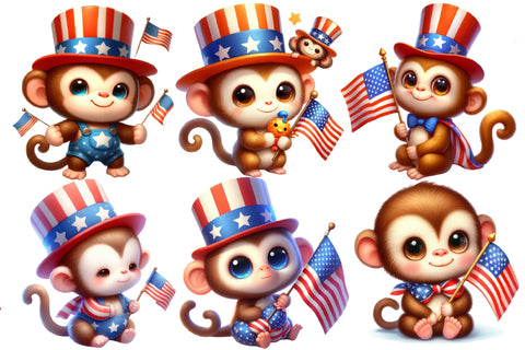 Watercolor 4th of July Monkey Clipart Sublimation designartist 