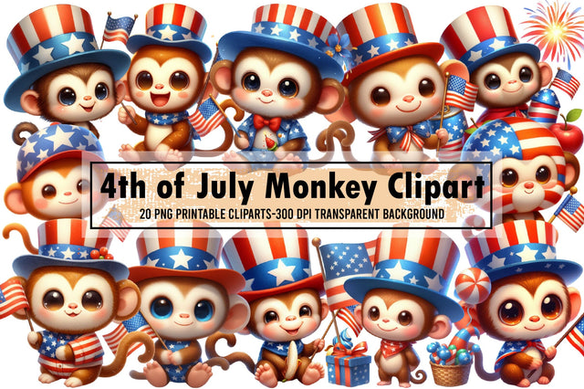 Watercolor 4th of July Monkey Clipart Sublimation designartist 