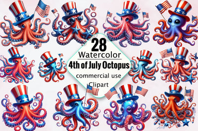 Watercolor 4th of July Octopus Clipart Bundle Sublimation SVGArt 