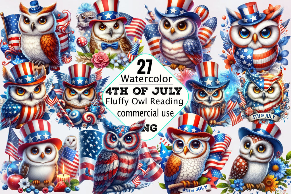 Watercolor 4th of July Owl PNG Clipart Bundle - So Fontsy