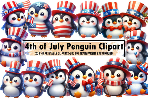 Watercolor 4th of July Penguin Clipart Sublimation designartist 