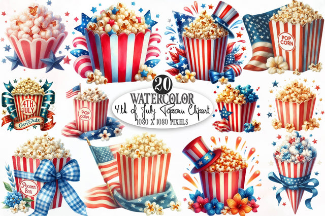 Watercolor 4th of July Popcorn Clipart Sublimation SVGista 