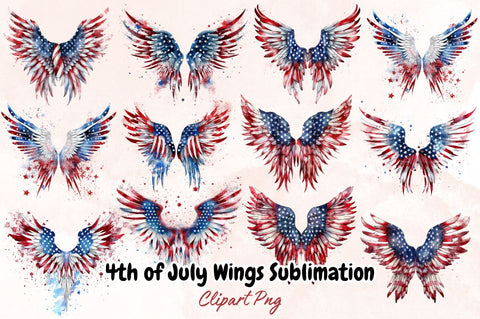 Watercolor 4th of July Wings Sublimation Clipart Bundle Sublimation Designangry 