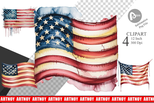Watercolor American Flag Clipart Sublimation artnoy 