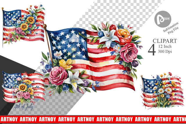 Watercolor American Flag Floral Clipart Sublimation artnoy 