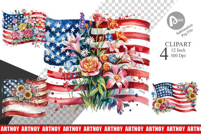 Watercolor American Flag Floral Clipart Sublimation artnoy 