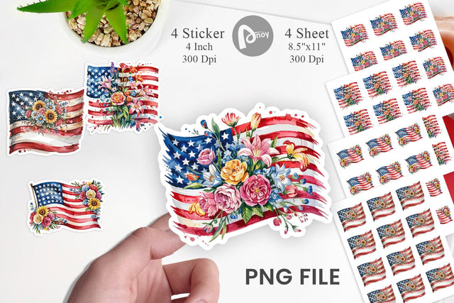 Watercolor American Flag Floral Sticker Sublimation artnoy 