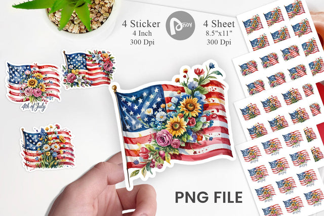 Watercolor American Flag Floral Sticker Sublimation artnoy 