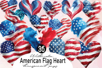 Watercolor American Flag Heart Clipart Bundle. Sublimation SVGArt 