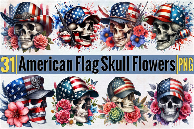Watercolor American Flag Skull Sublimation Clipart Bundle Sublimation SVGArt 