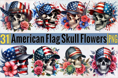 Watercolor American Flag Skull Sublimation Clipart Bundle Sublimation SVGArt 