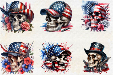 Watercolor American Flag Skull Sublimation Clipart Bundle Sublimation SVGArt 