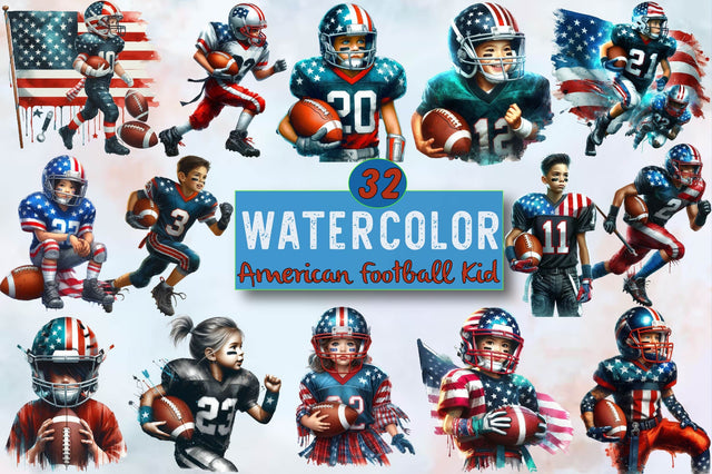 Watercolor American Football Kid Clipart Sublimation SVGArt 