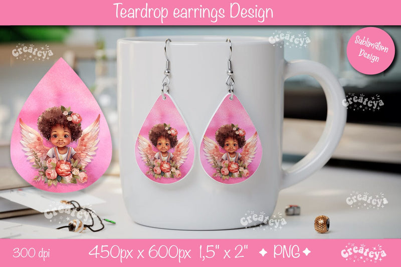Watercolor Angel Art Earrings – Valentine’s Teardrop Print Sublimation Createya Design 