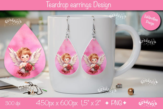 Watercolor Angel Design – Valentine’s Teardrop Earrings Sublimation Sublimation Createya Design 