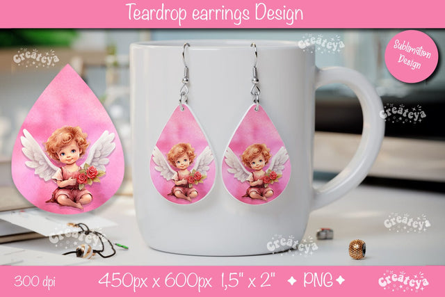 Watercolor Angel Earrings – Valentine’s Teardrop Sublimation PNG Sublimation Createya Design 