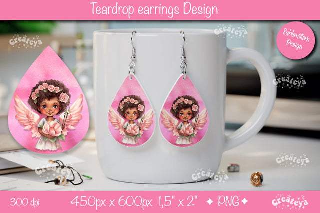 Watercolor Angel PNG – Valentine’s Teardrop Earrings Sublimation Sublimation Createya Design 