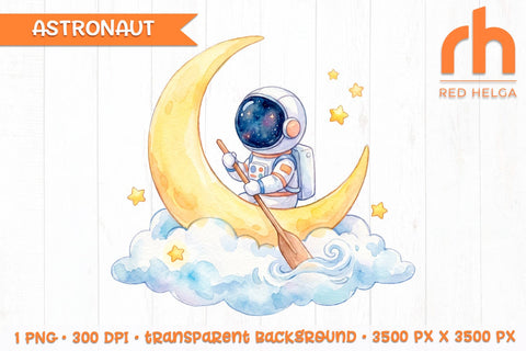 Watercolor Astronaut on Crescent Moon PNG, Cute Space Nursery Clipart Sublimation RedHelgaArt 