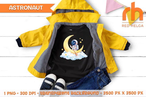 Watercolor Astronaut on Crescent Moon PNG, Cute Space Nursery Clipart Sublimation RedHelgaArt 