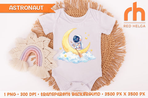 Watercolor Astronaut on Crescent Moon PNG, Cute Space Nursery Clipart Sublimation RedHelgaArt 