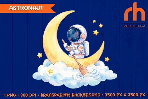Watercolor Astronaut on Crescent Moon PNG, Cute Space Nursery Clipart Sublimation RedHelgaArt 