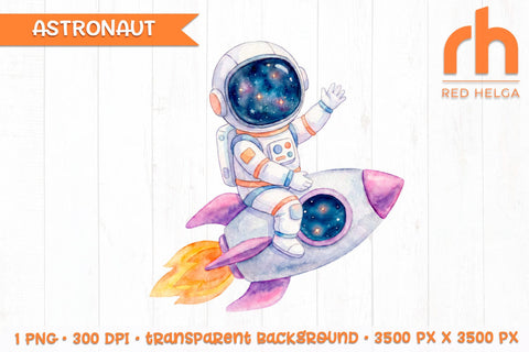 Watercolor Astronaut Riding Rocket PNG, Space Sublimation Sublimation RedHelgaArt 