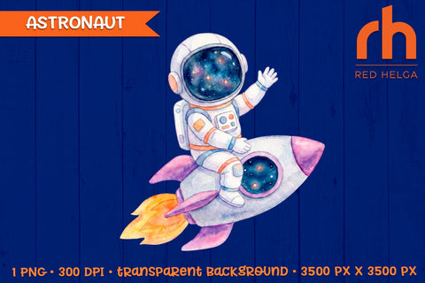 Watercolor Astronaut Riding Rocket PNG, Space Sublimation Sublimation RedHelgaArt 