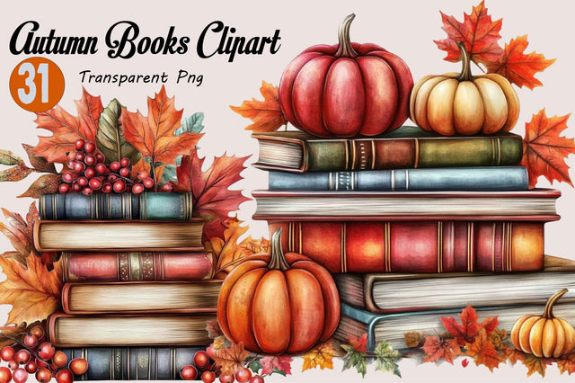 Watercolor Autumn Books Clipart Bundle. Sublimation SVGArt 