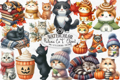 Watercolor Autumn CAT Clipart Sublimation SVGista 